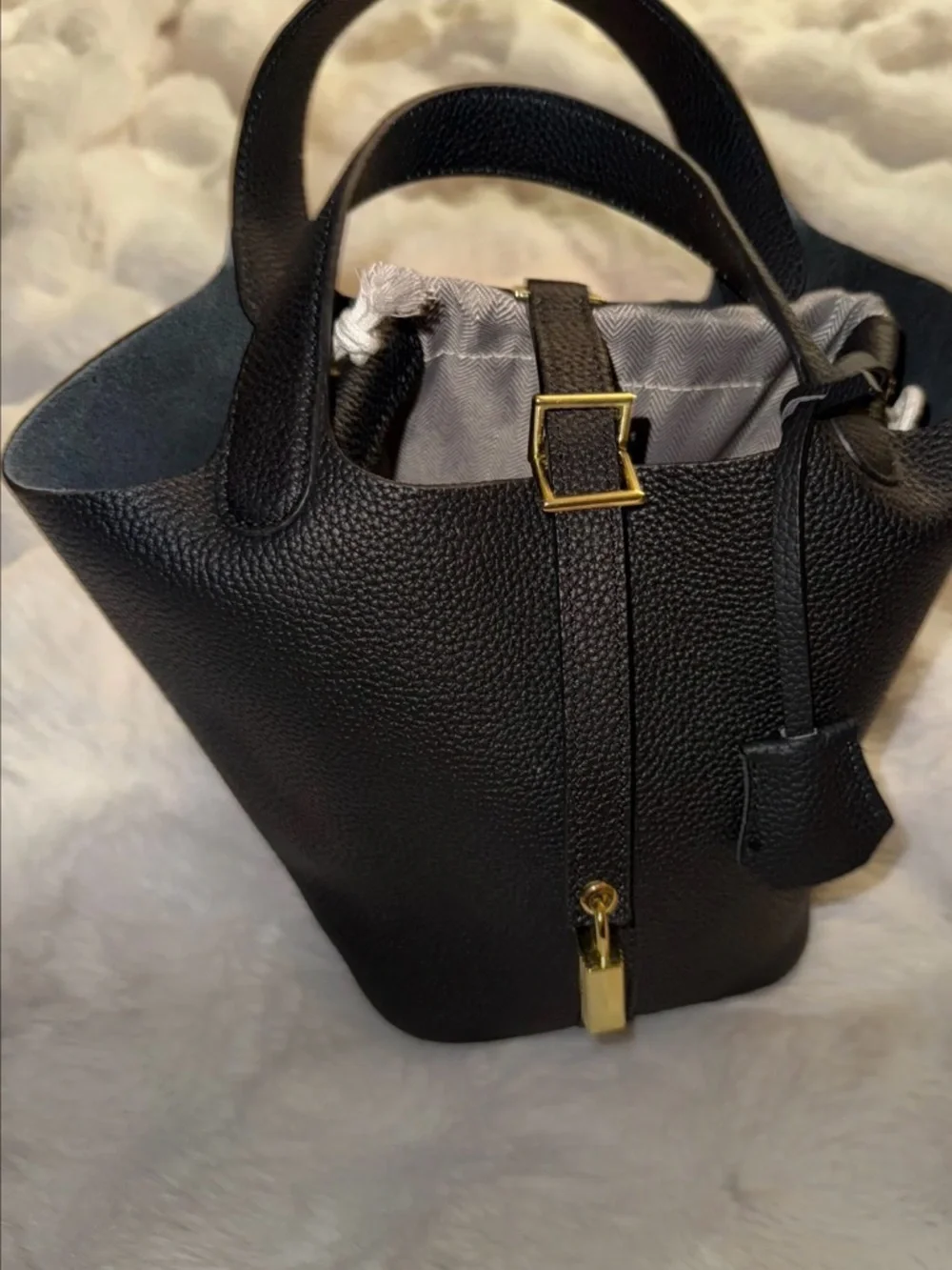 New Black Pebbled Leather Tote Bucket Bag with Gold Hardware